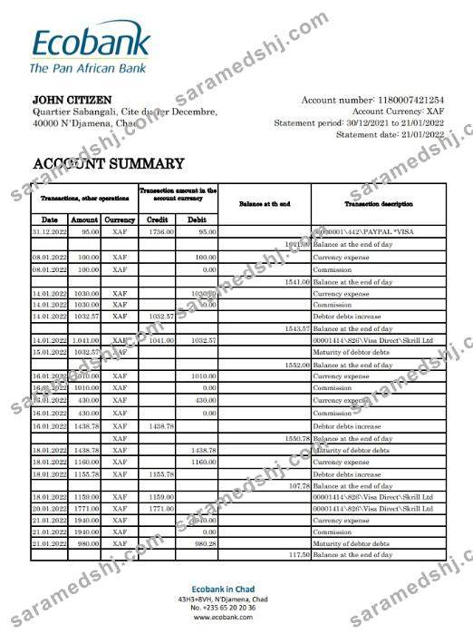Chad Ecobank bank statement